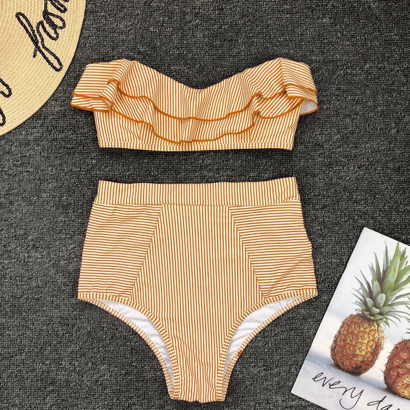 Conjunto de Bikini de Cintura Alta a Rayas Blancas y Azules Retro