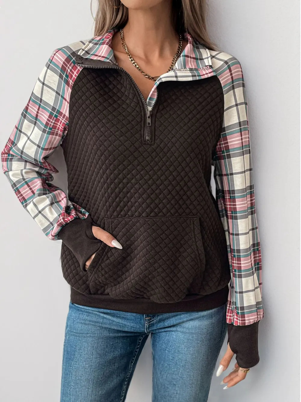 Retro patchwork retro texture pullover hoodie - Korvel