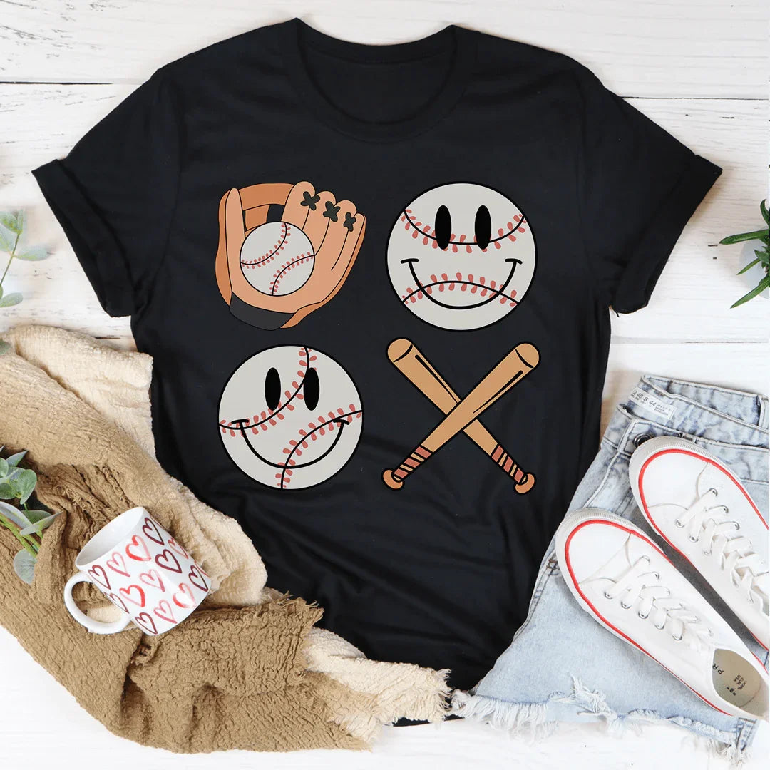 Camiseta de béisbol retro con cara sonriente