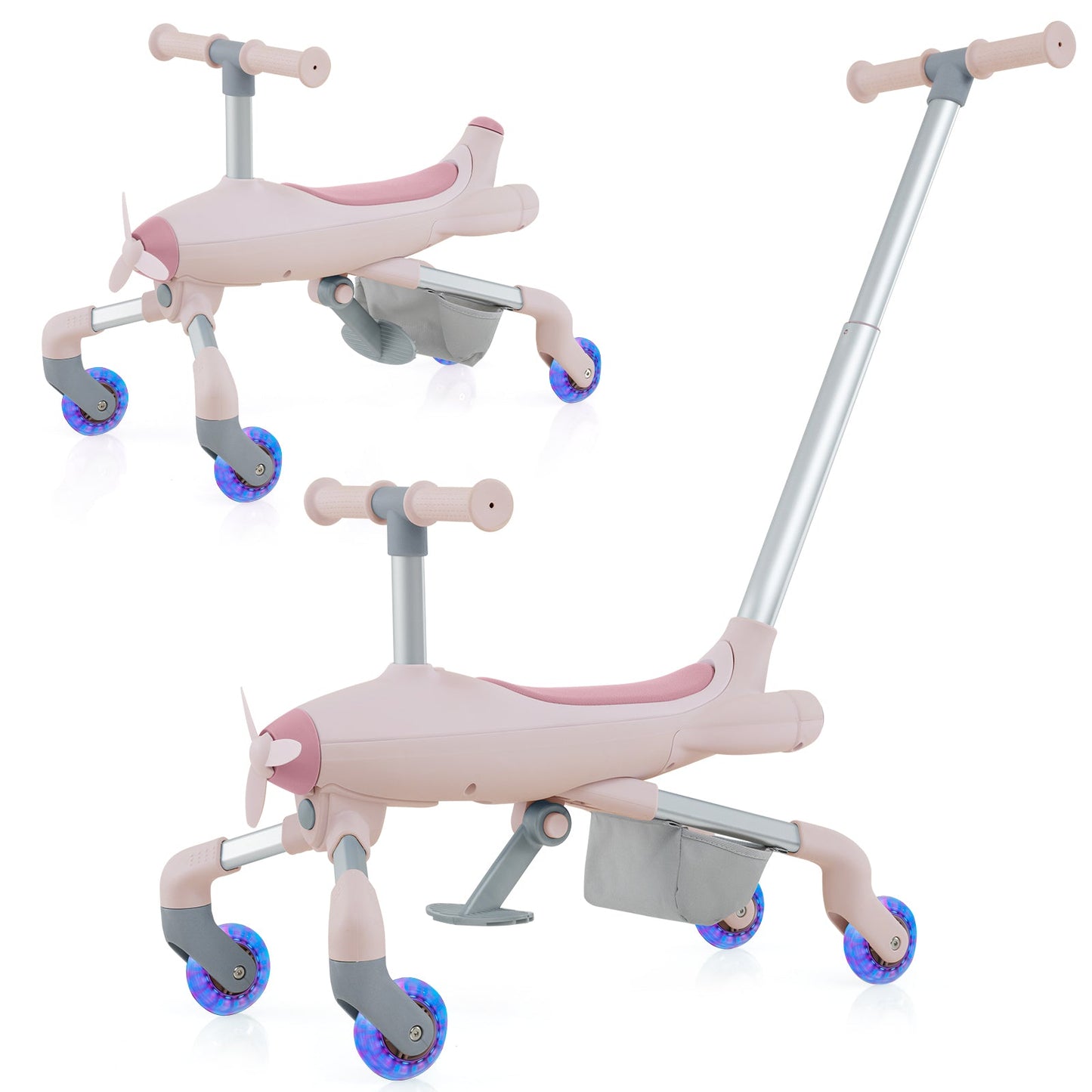 Coche de empuje 2 en 1 para niños con ruedas iluminadas LED - Rosa