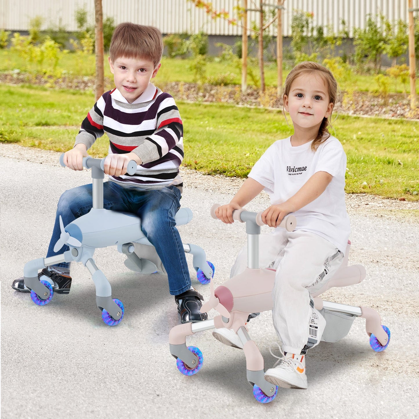 Coche de empuje 2 en 1 para niños con ruedas iluminadas LED - Rosa