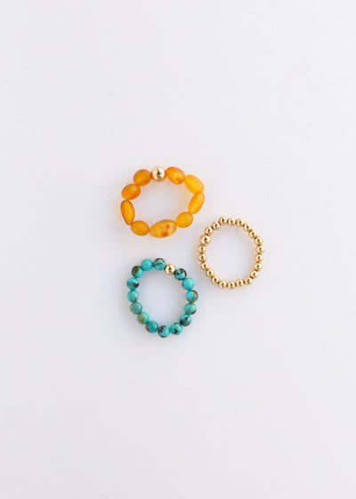 Ensemble de bagues en turquoise naturelle et ambre miel