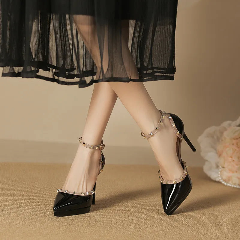 Rivet Decor Ankle Strap Stiletto Pumps - Korvel