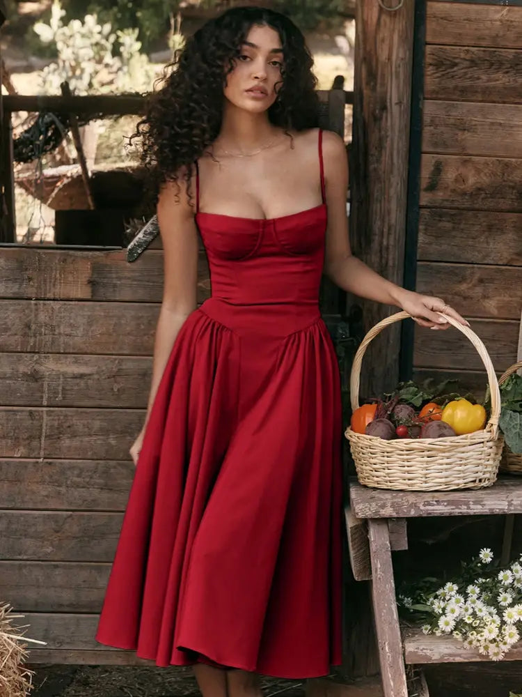 Vestido Midi Elegante con Tirantes de Espagueti