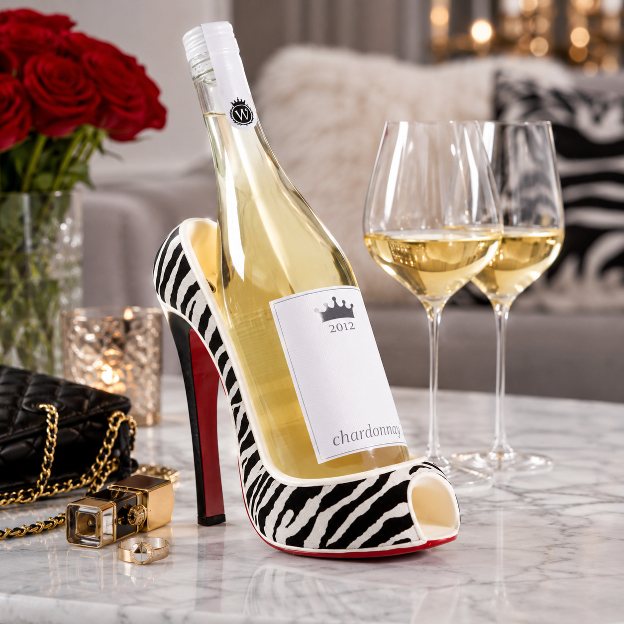 Elegante portabotellas de vino de tacón alto con estampado de cebra