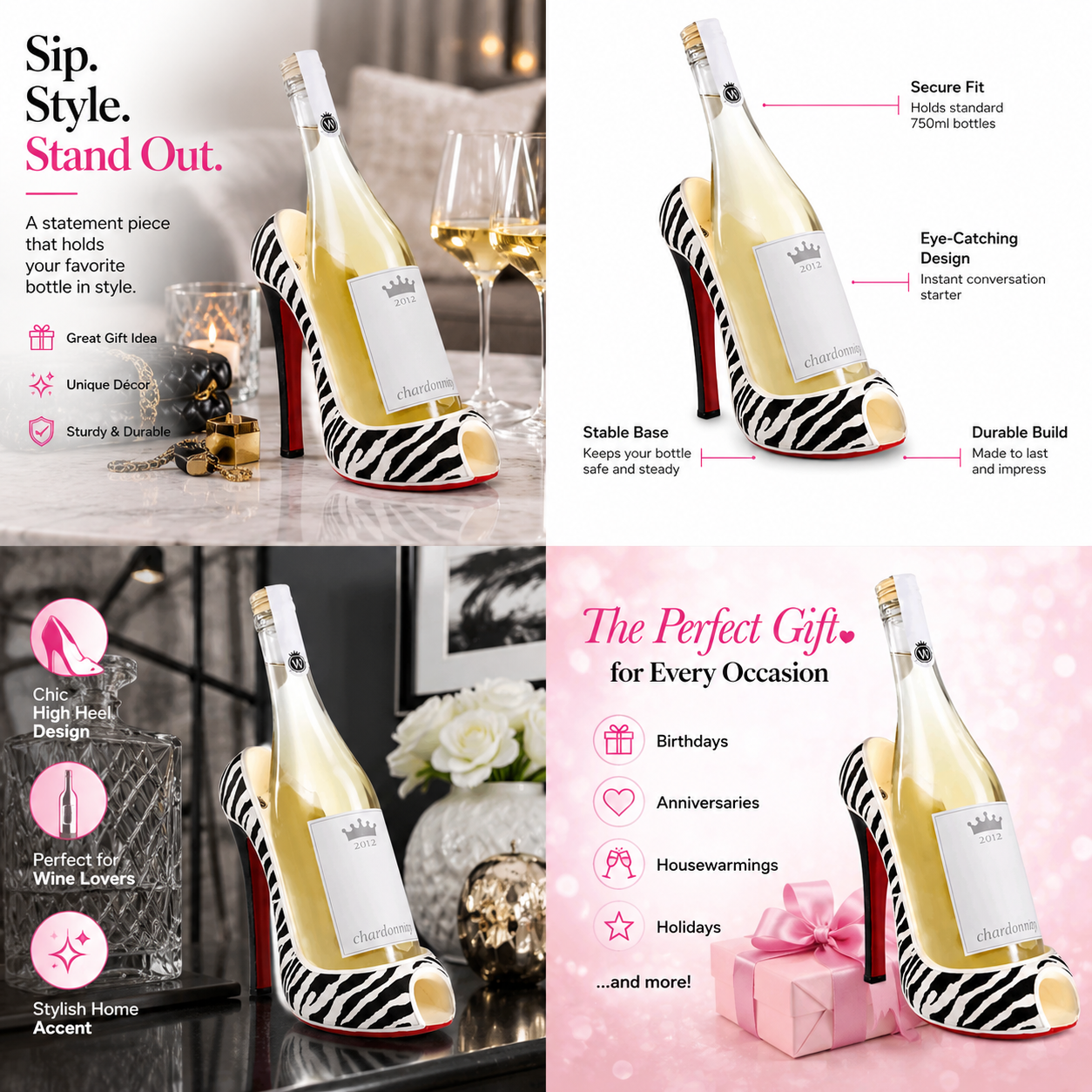 Elegante portabotellas de vino de tacón alto con estampado de cebra