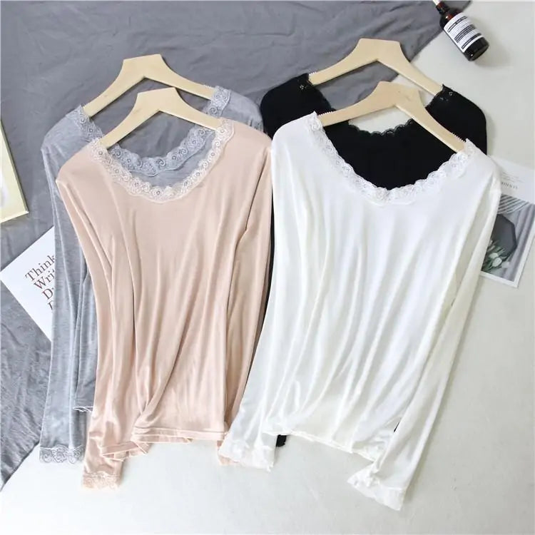 Top Térmico Slim de Manga Larga con Encaje en V para Mujeres