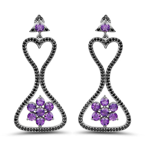Boucles d'oreilles en argent sterling avec améthyste véritable de 6,31 carats et spinelle noir