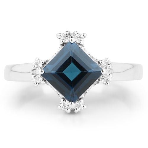 Bague en argent sterling avec topaze bleue de Londres et topaze blanche de 1,99 carat