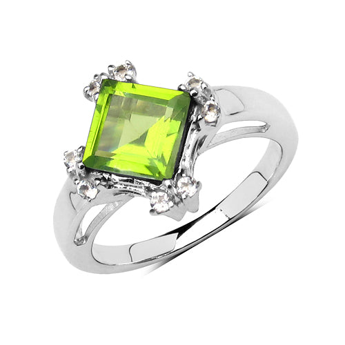 Bague en argent sterling de 2,01 carats en péridot véritable et topaze blanche