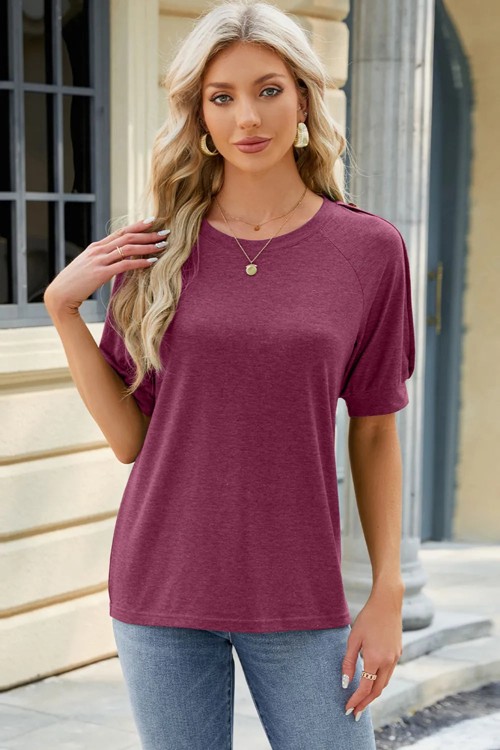 Round Neck Buttoned Short Sleeve T-Shirt - Korvel