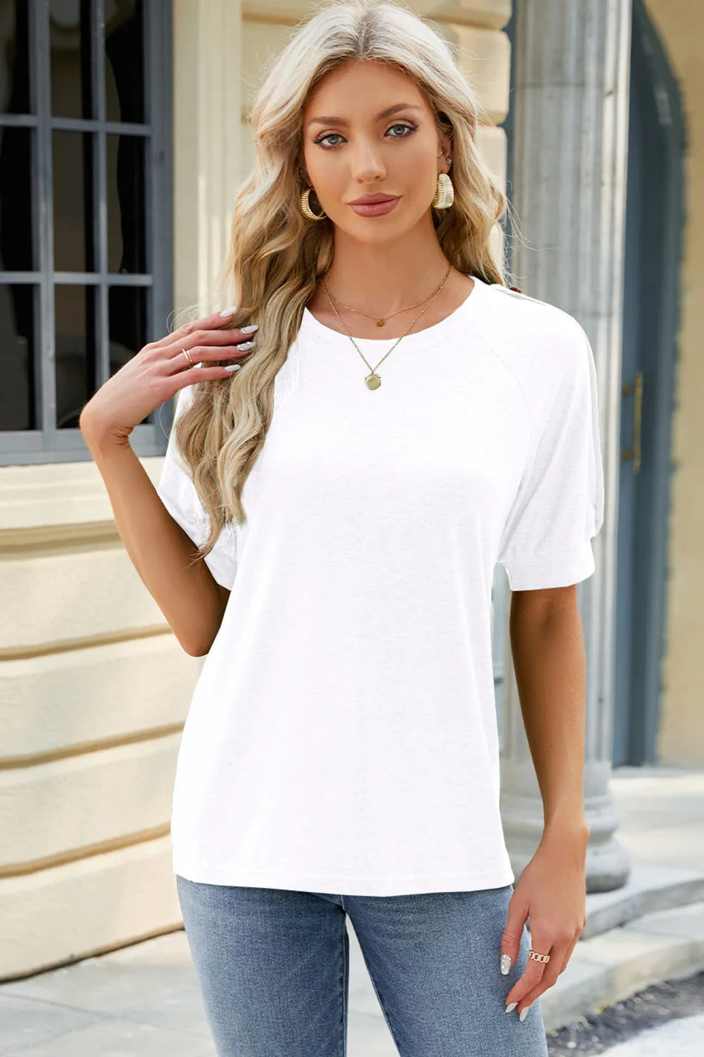 Round Neck Buttoned Short Sleeve T-Shirt - Korvel