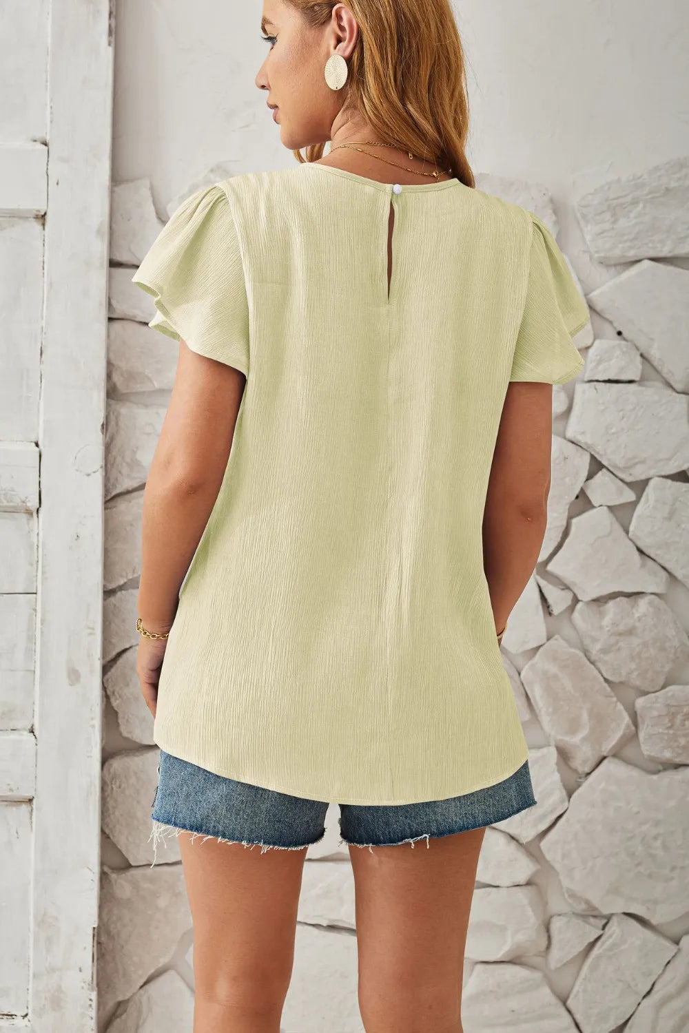 Round Neck Keyhole Cap Sleeve T-Shirt - Korvel