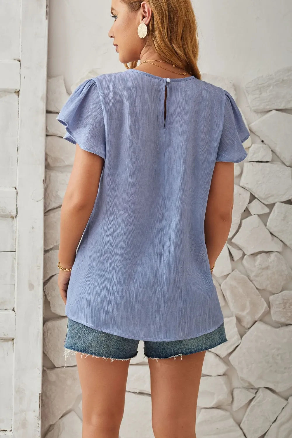 Round Neck Keyhole Cap Sleeve T-Shirt - Korvel