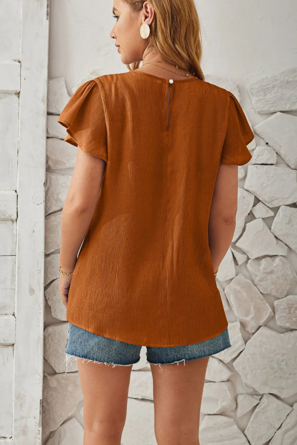 Round Neck Keyhole Cap Sleeve T-Shirt - Korvel
