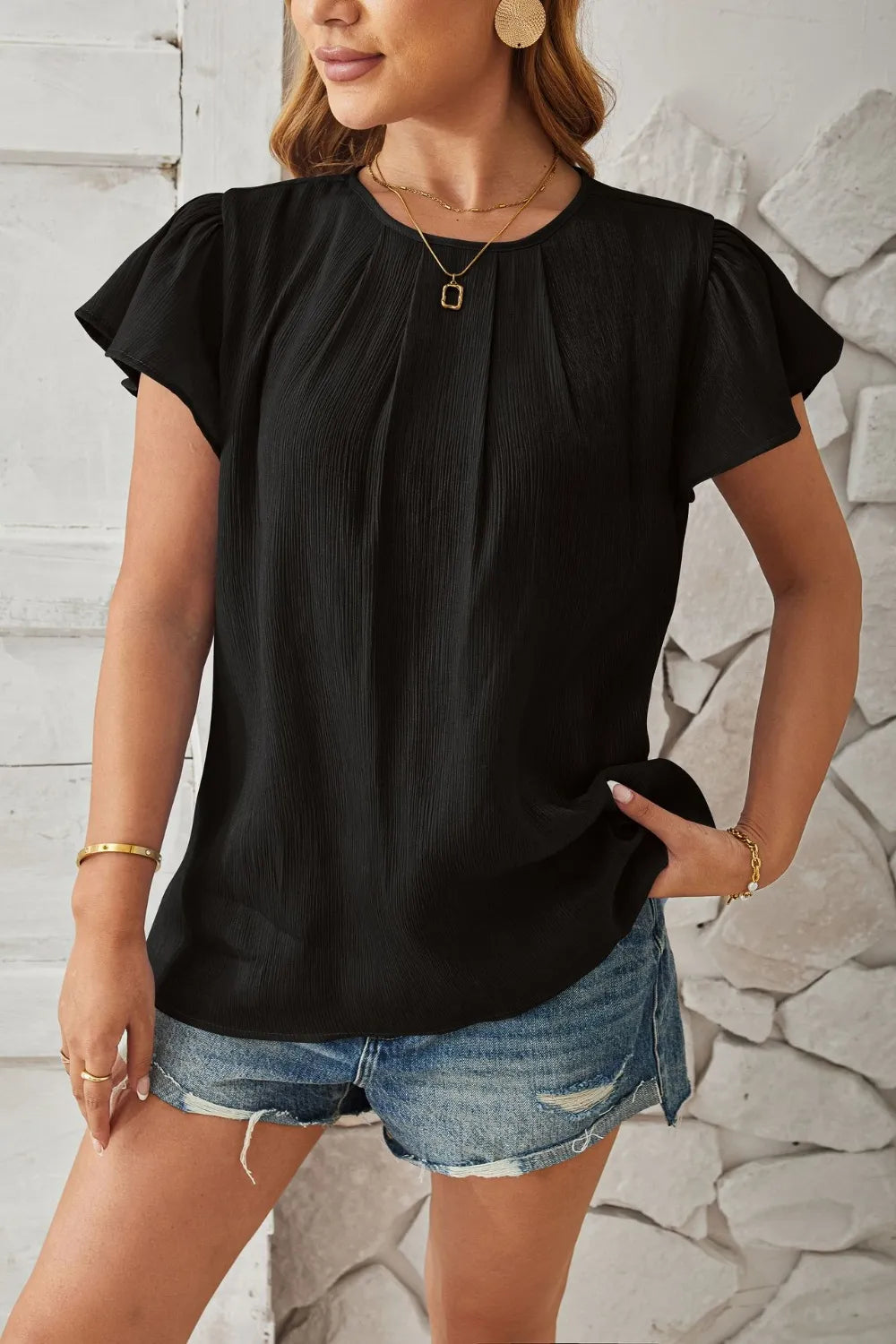 Round Neck Keyhole Cap Sleeve T-Shirt - Korvel