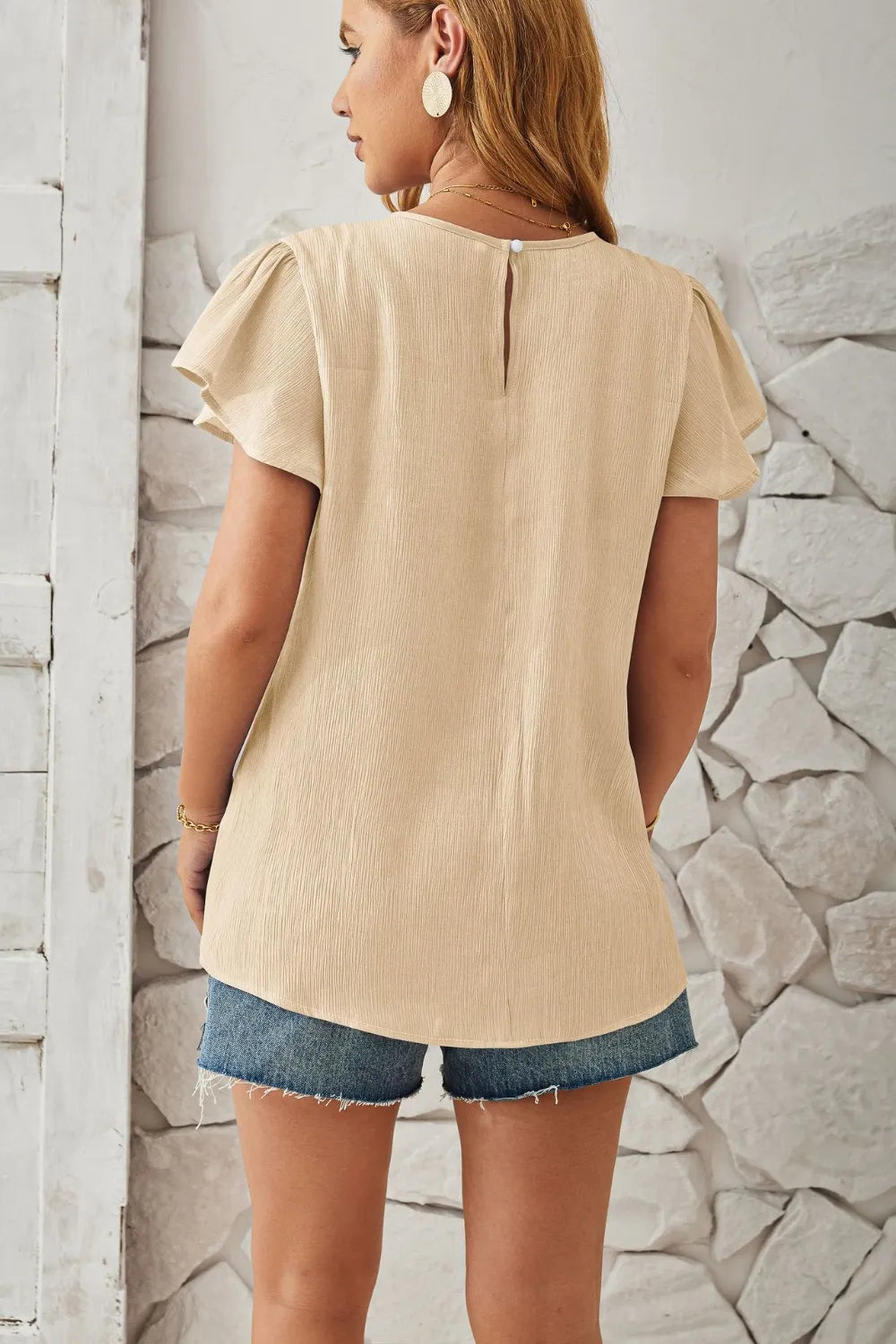 Round Neck Keyhole Cap Sleeve T-Shirt - Korvel