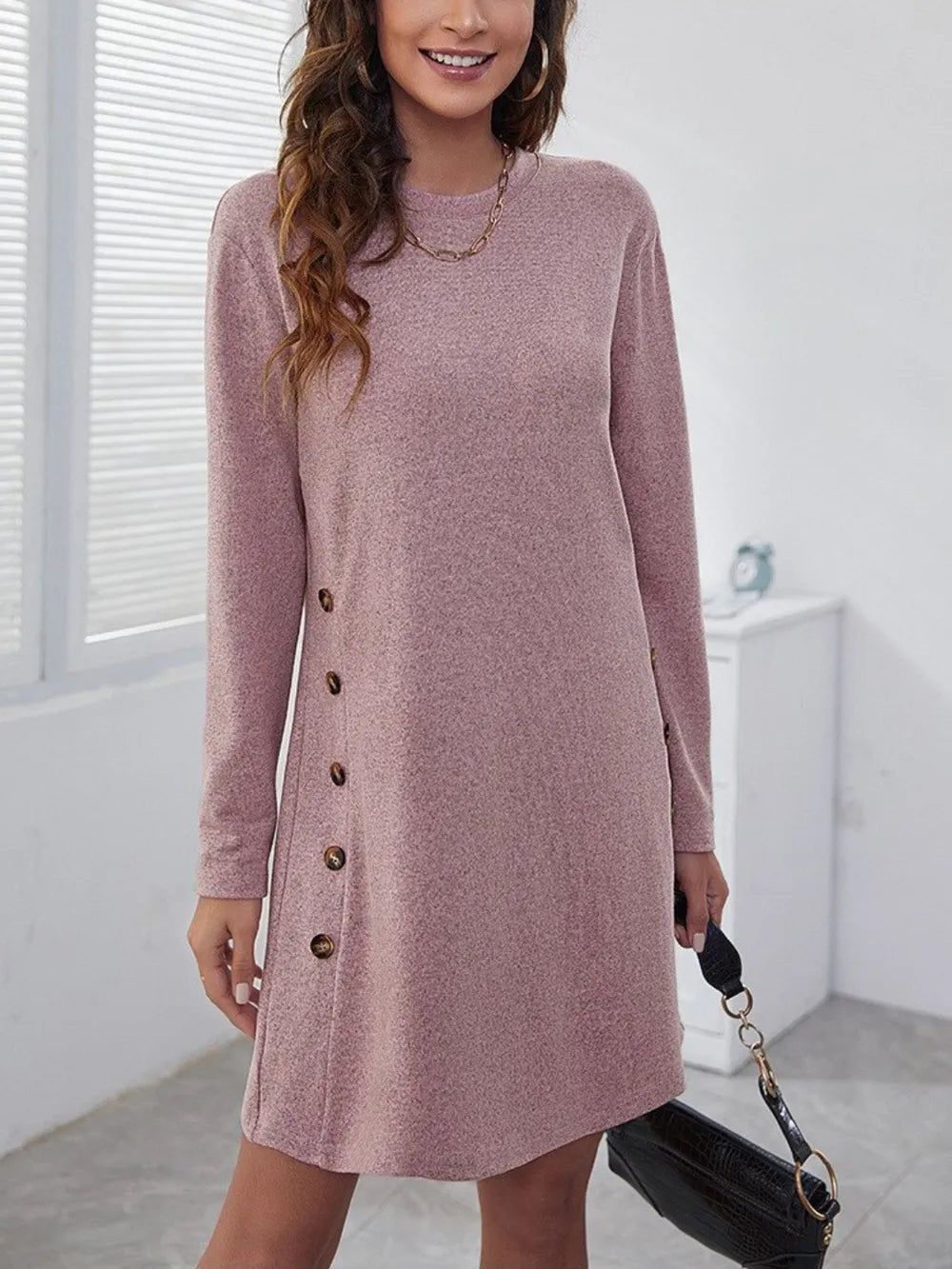 Elegant Round Neck Long Sleeve Mini Dress
