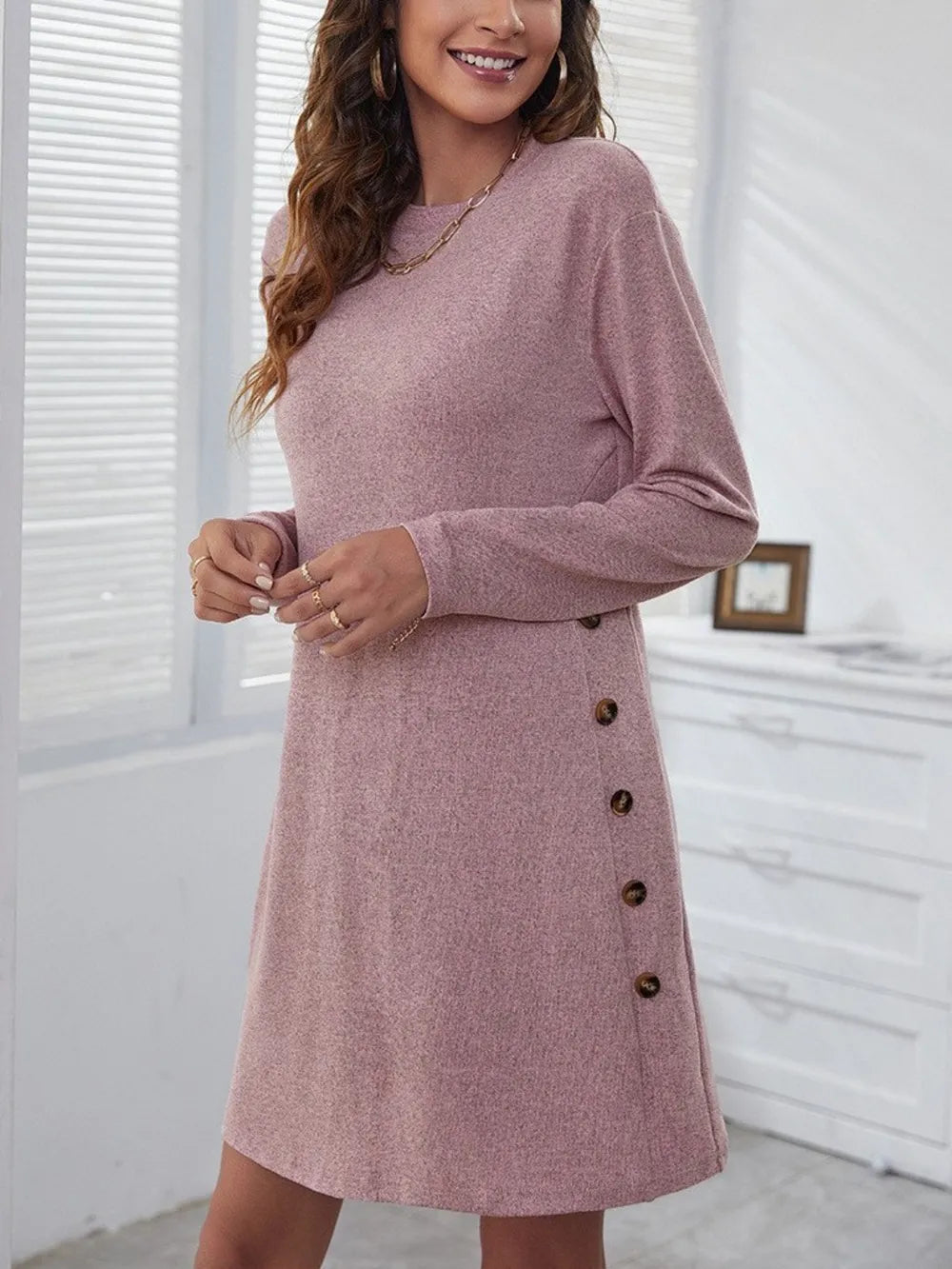 Elegant Round Neck Long Sleeve Mini Dress