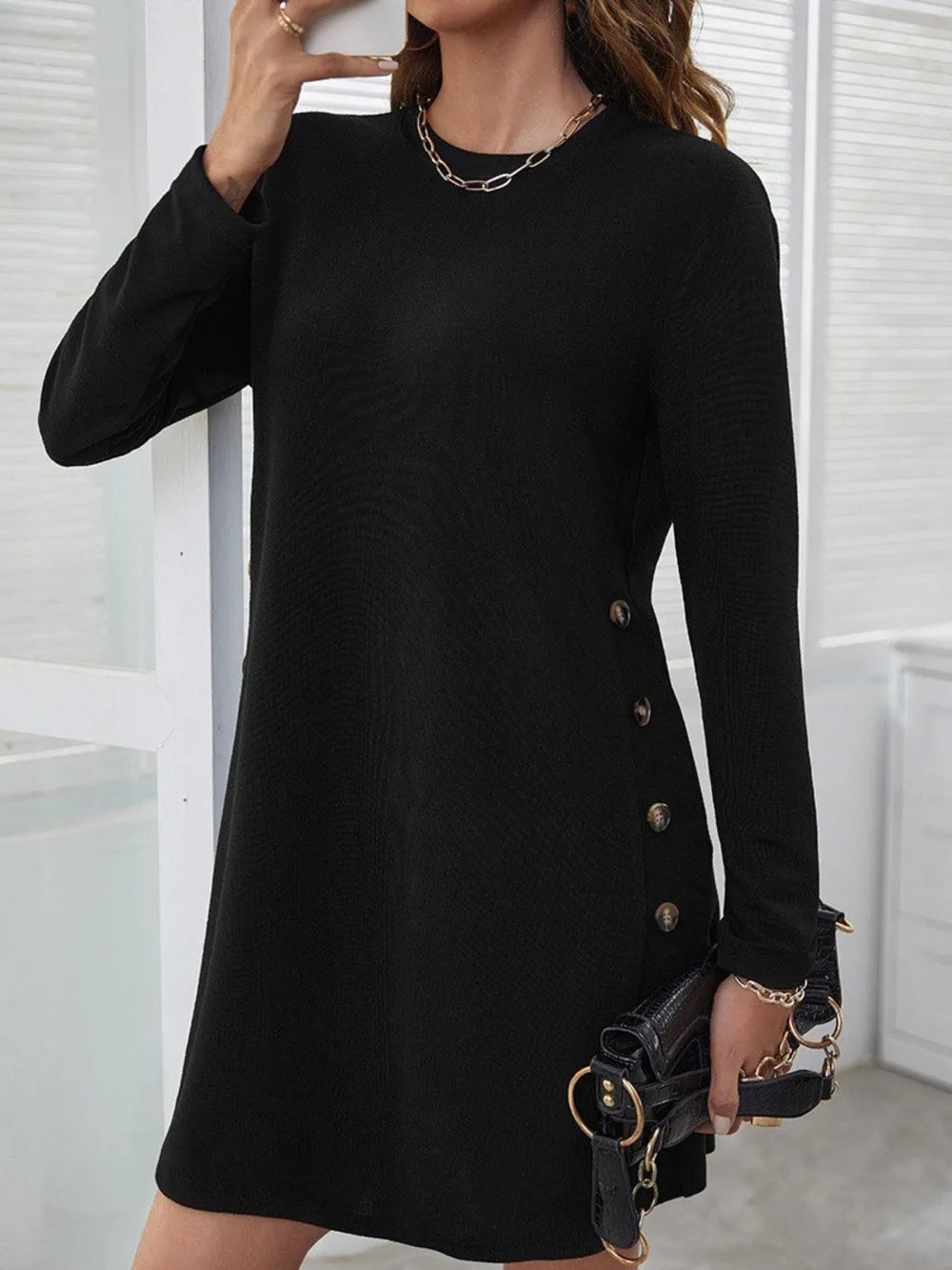Elegant Round Neck Long Sleeve Mini Dress