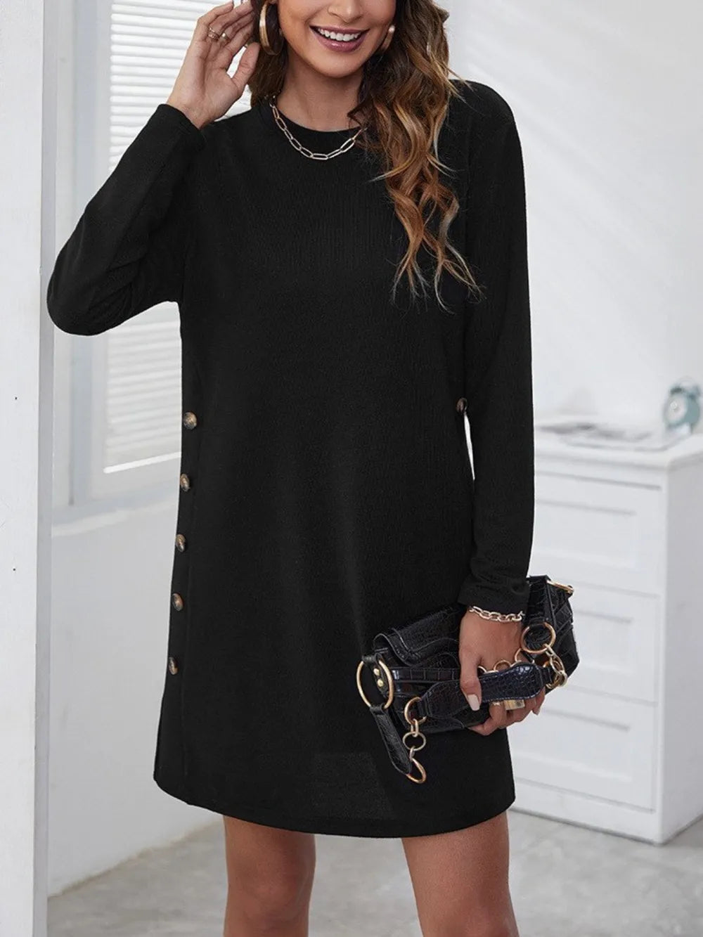 Elegant Round Neck Long Sleeve Mini Dress