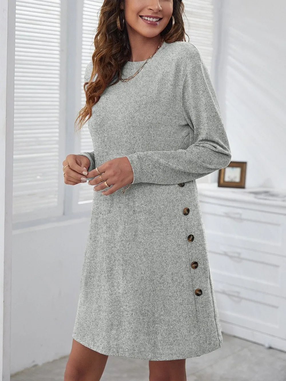 Elegant Round Neck Long Sleeve Mini Dress