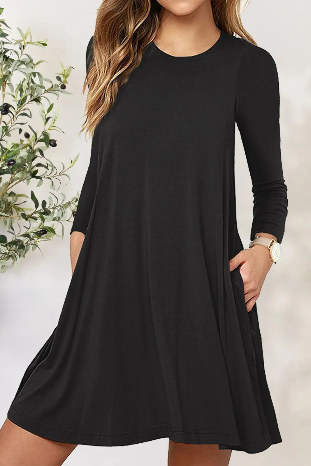 Round Neck Long Sleeve Mini Dress - Korvel