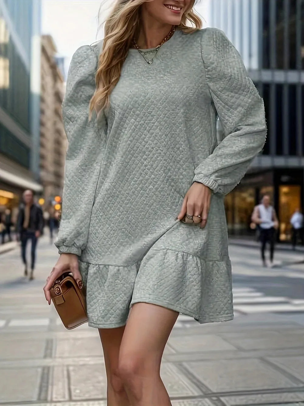 Round Neck Long Sleeve Mini Dress - Korvel
