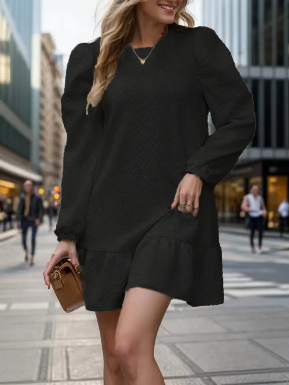 Round Neck Long Sleeve Mini Dress - Korvel