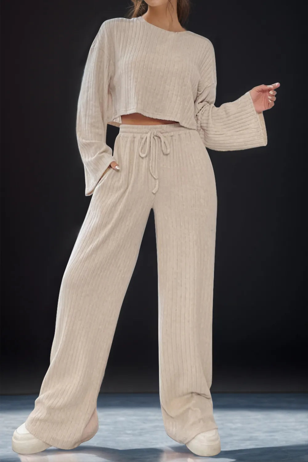 Round Neck Long Sleeve Top and Pants Set - Korvel