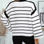 Round neck loose black and white striped pullover long sleeved knitted sweater for women - Korvel