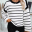 Round neck loose black and white striped pullover long sleeved knitted sweater for women - Korvel