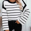 Round neck loose black and white striped pullover long sleeved knitted sweater for women - Korvel