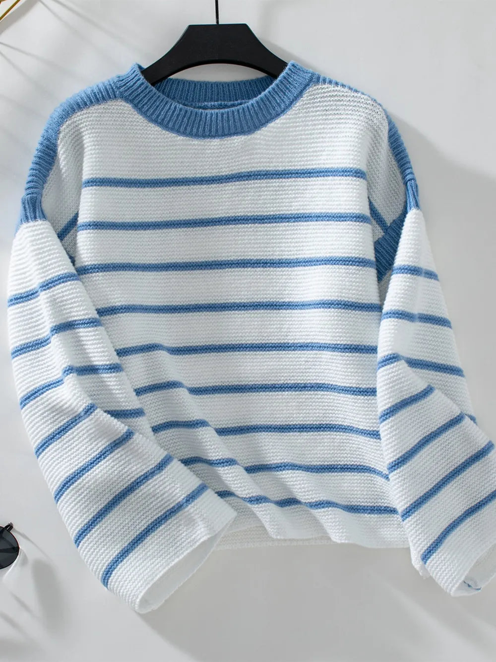 Round neck loose black and white striped pullover long sleeved knitted sweater for women - Korvel