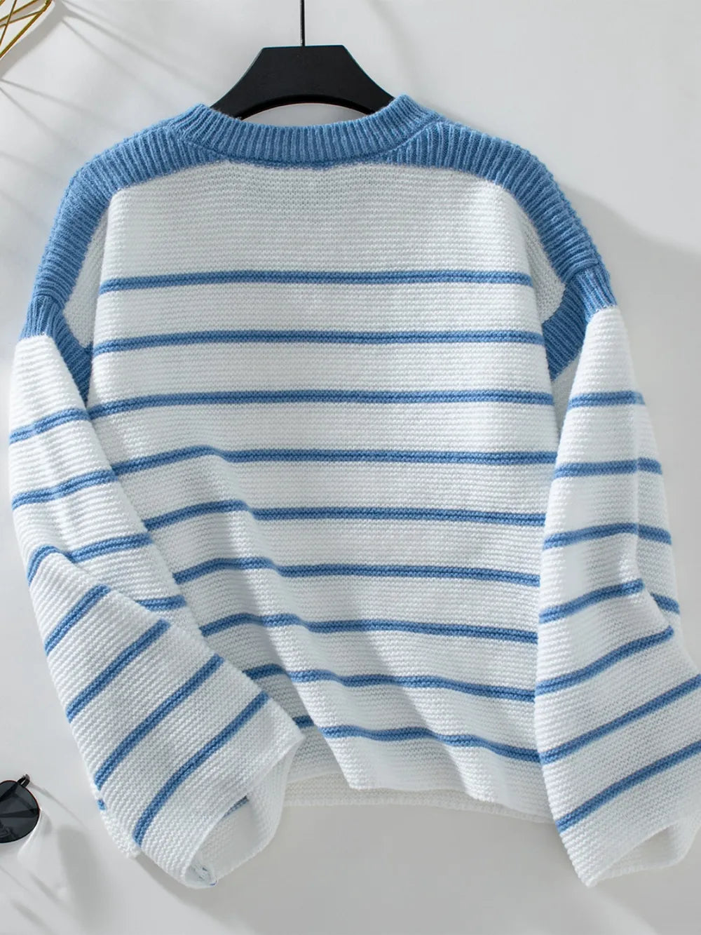 Round neck loose black and white striped pullover long sleeved knitted sweater for women - Korvel