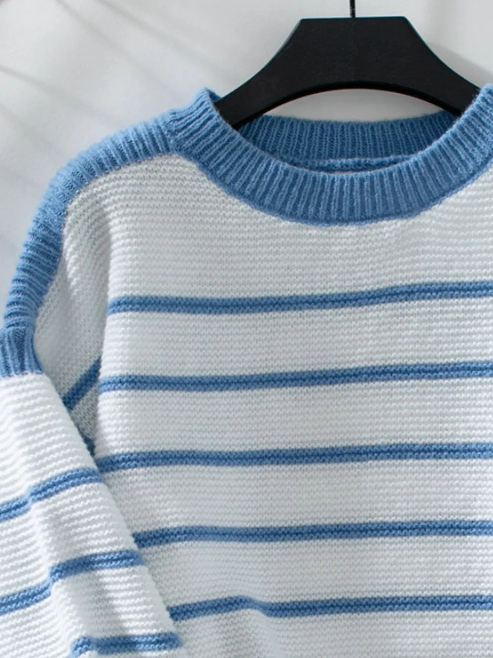 Round neck loose black and white striped pullover long sleeved knitted sweater for women - Korvel