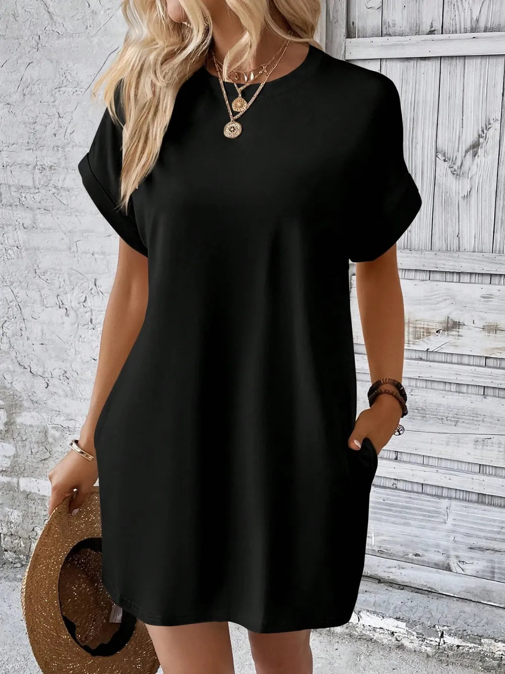 Elegant Round Neck Short Sleeve Mini Dress