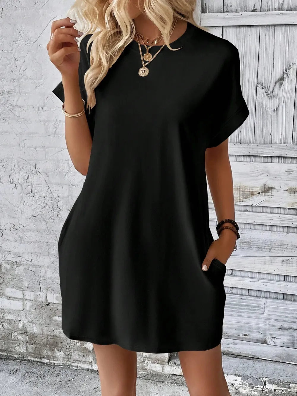 Elegant Round Neck Short Sleeve Mini Dress