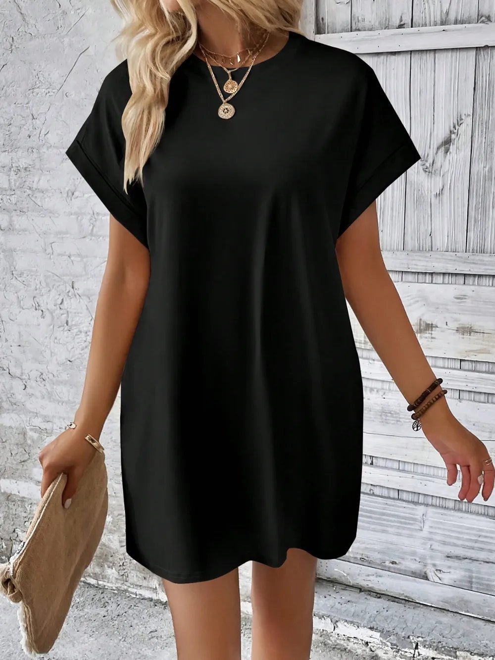 Elegant Round Neck Short Sleeve Mini Dress