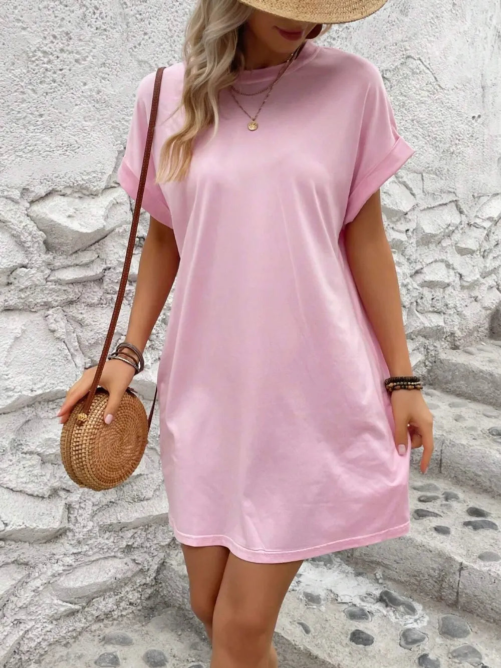 Elegant Round Neck Short Sleeve Mini Dress
