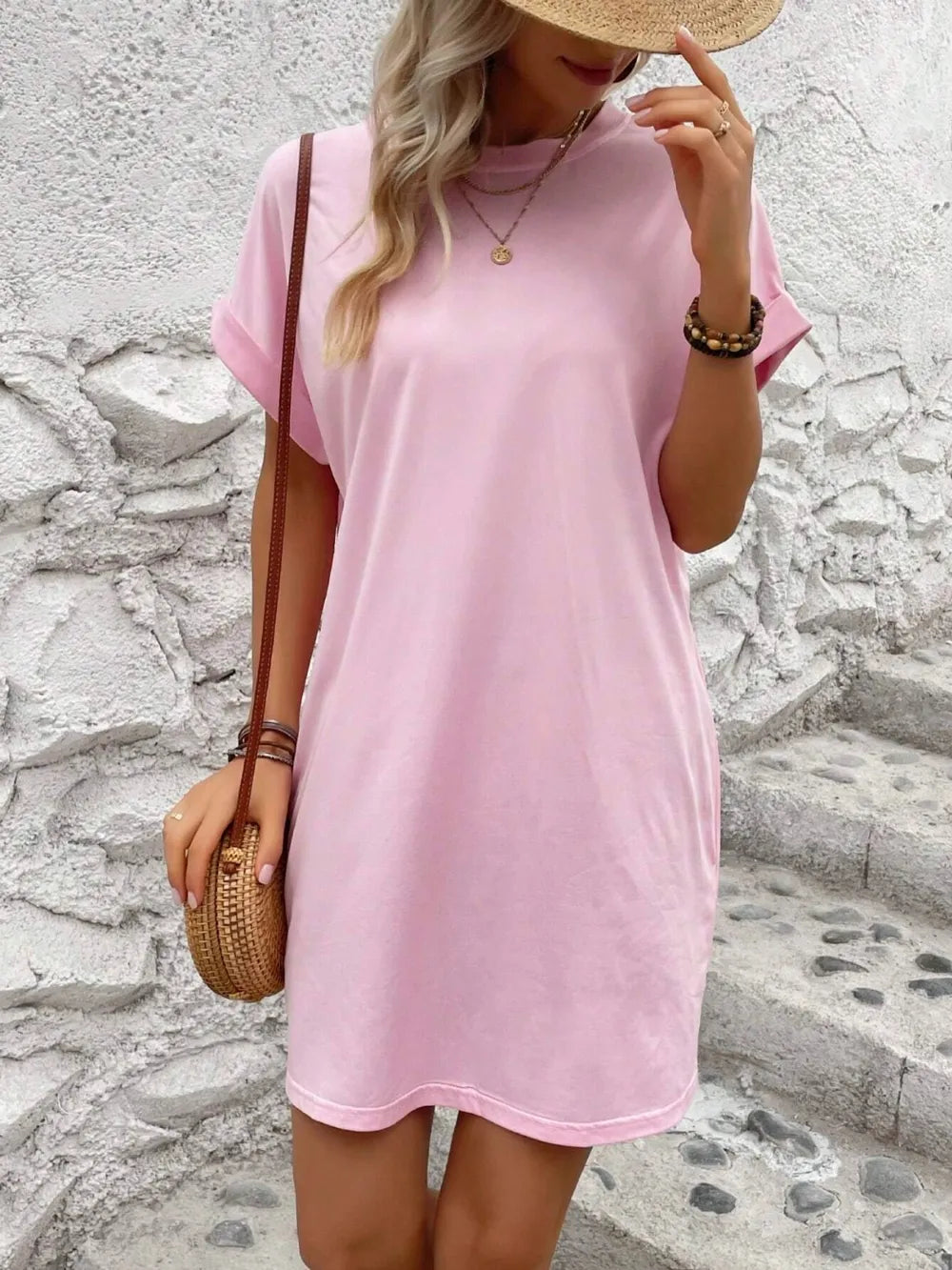 Elegant Round Neck Short Sleeve Mini Dress