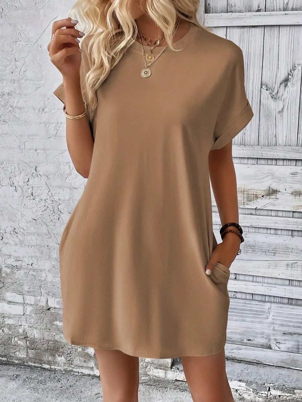 Elegant Round Neck Short Sleeve Mini Dress