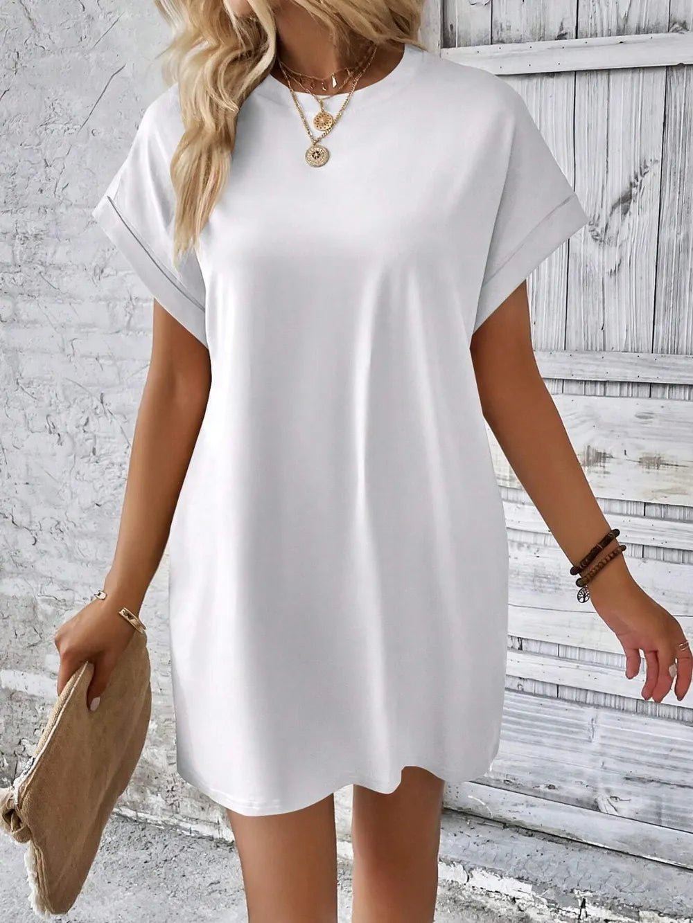 Elegant Round Neck Short Sleeve Mini Dress