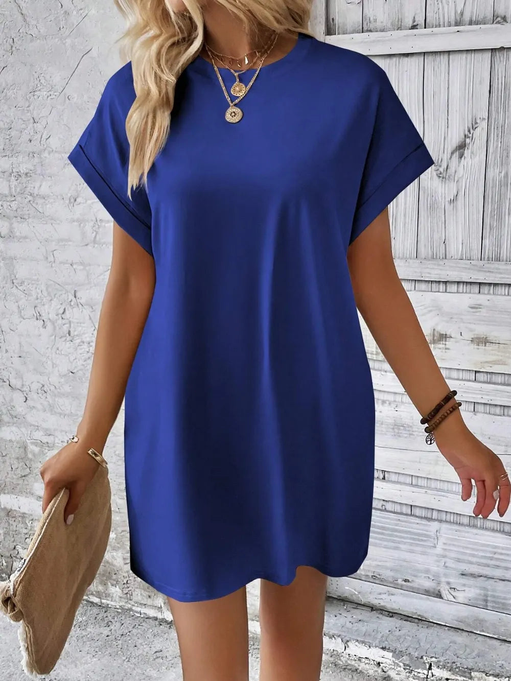 Elegant Round Neck Short Sleeve Mini Dress