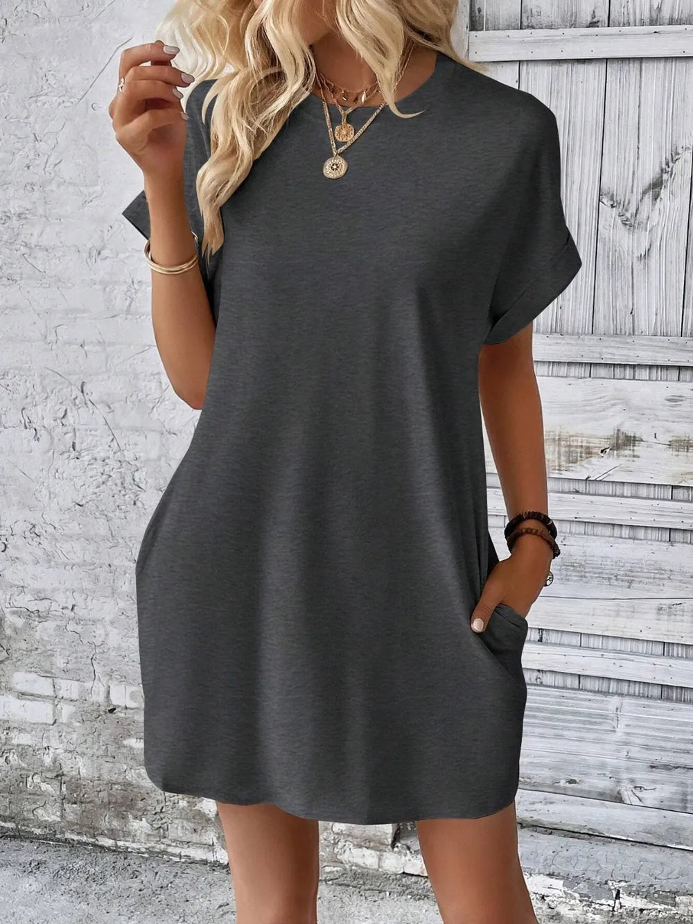 Elegant Round Neck Short Sleeve Mini Dress