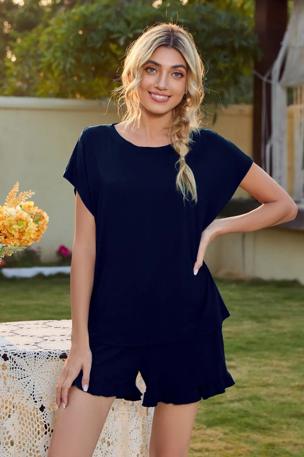 Round Neck Short Sleeve T-Shirt and Drawstring Shorts Lounge Set - Korvel