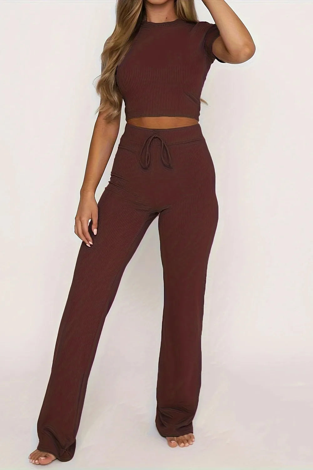 Round Neck Short Sleeve Top and Pants Set - Korvel