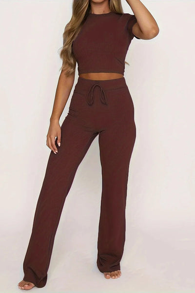 Round Neck Short Sleeve Top and Pants Set - Korvel
