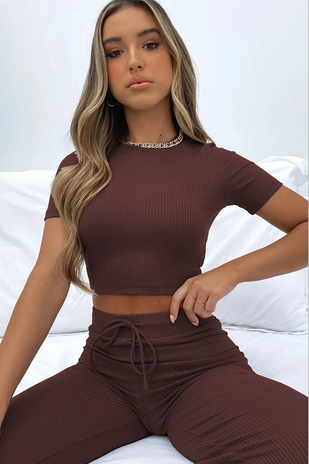 Round Neck Short Sleeve Top and Pants Set - Korvel