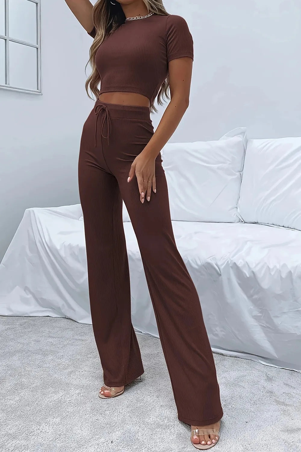 Round Neck Short Sleeve Top and Pants Set - Korvel